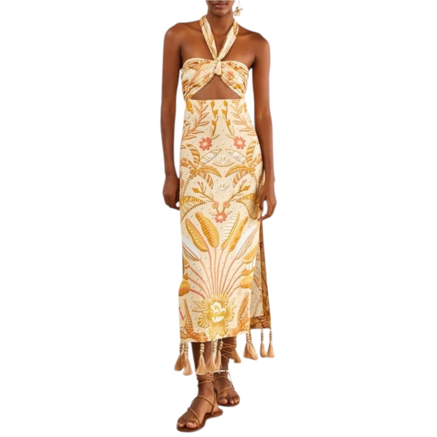Farm Rio Jungle Chic Cutout Halter Midi Dress Tassels Nwt L